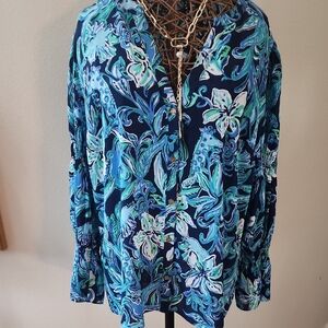 Lilly Pulitzer Blue and Green Floral Blouse Like New
